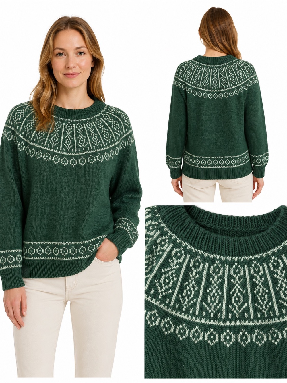 Size XL Handmade Women’s Green Fair Isle Nordic Knit Sweater - Picture 2 of 6
